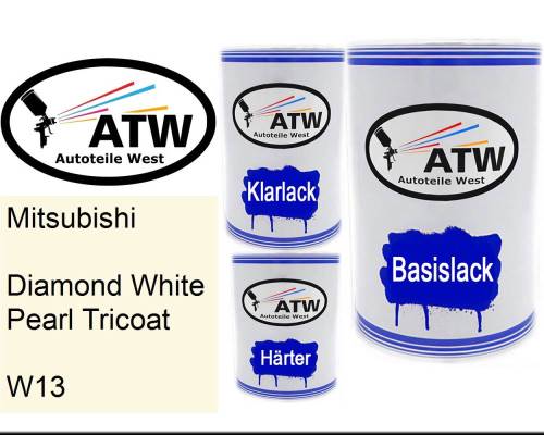 Mitsubishi, Diamond White Pearl Tricoat, W13: 500ml Lackdose + 500ml Klarlack + 250ml Härter - Set, von ATW Autoteile West.